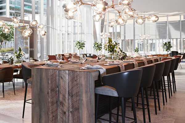 14-person table in upscale restaurant with decorative lighting