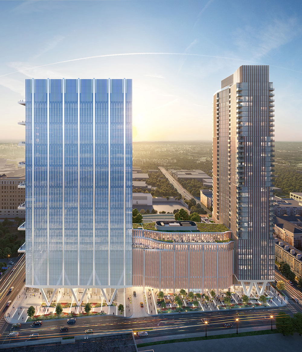 Aerial rendering of the front facade of 1111 South Tryon