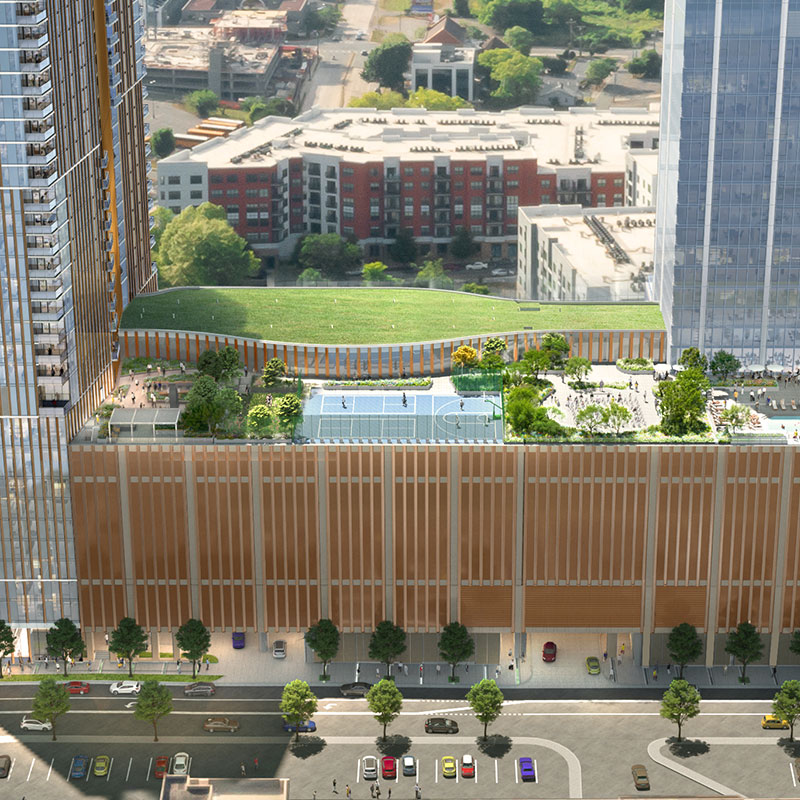 Rendering of beveled-style windows that make up 1111 South Tryon