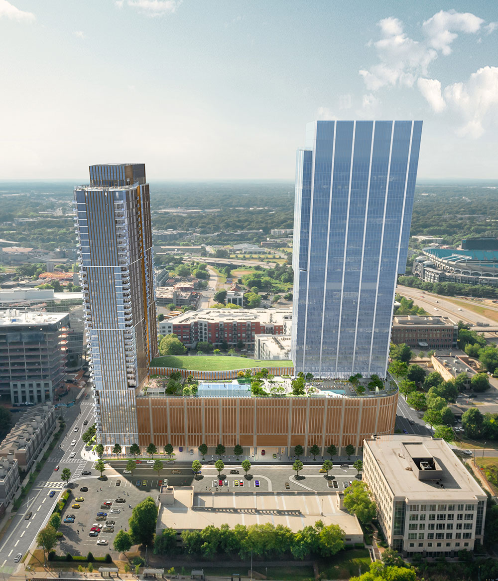 Rendering of busy intersection in front of 1111 South Tryon office tower