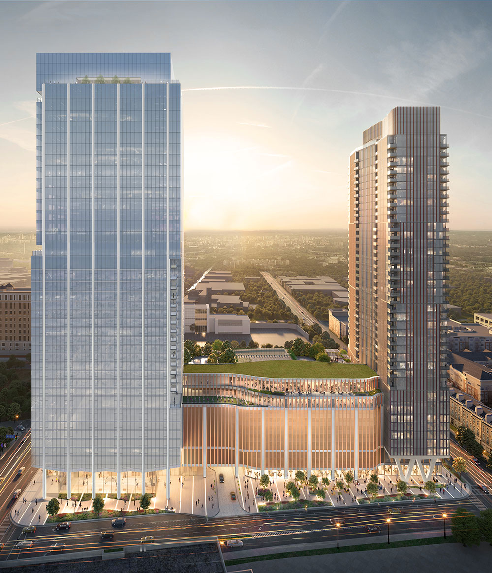 Aerial rendering of the front facade of 1111 South Tryon